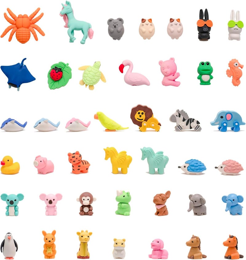Clock King 42Pcs 3D Animal Erasers for Kids, All are Animal Styles, Random Desktop Pets Toys Gifts, Mini Puzzle Classroom Rewards, Kids Party Favors Back to School Supplies - Image 1